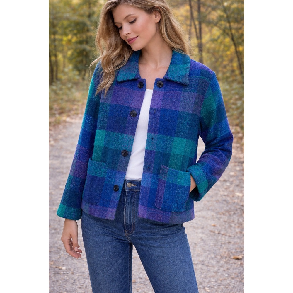 Avoca Blue‎ Teal Purple Plaid Wool Blend Chenille Cardigan Jacket Womens Size 12
